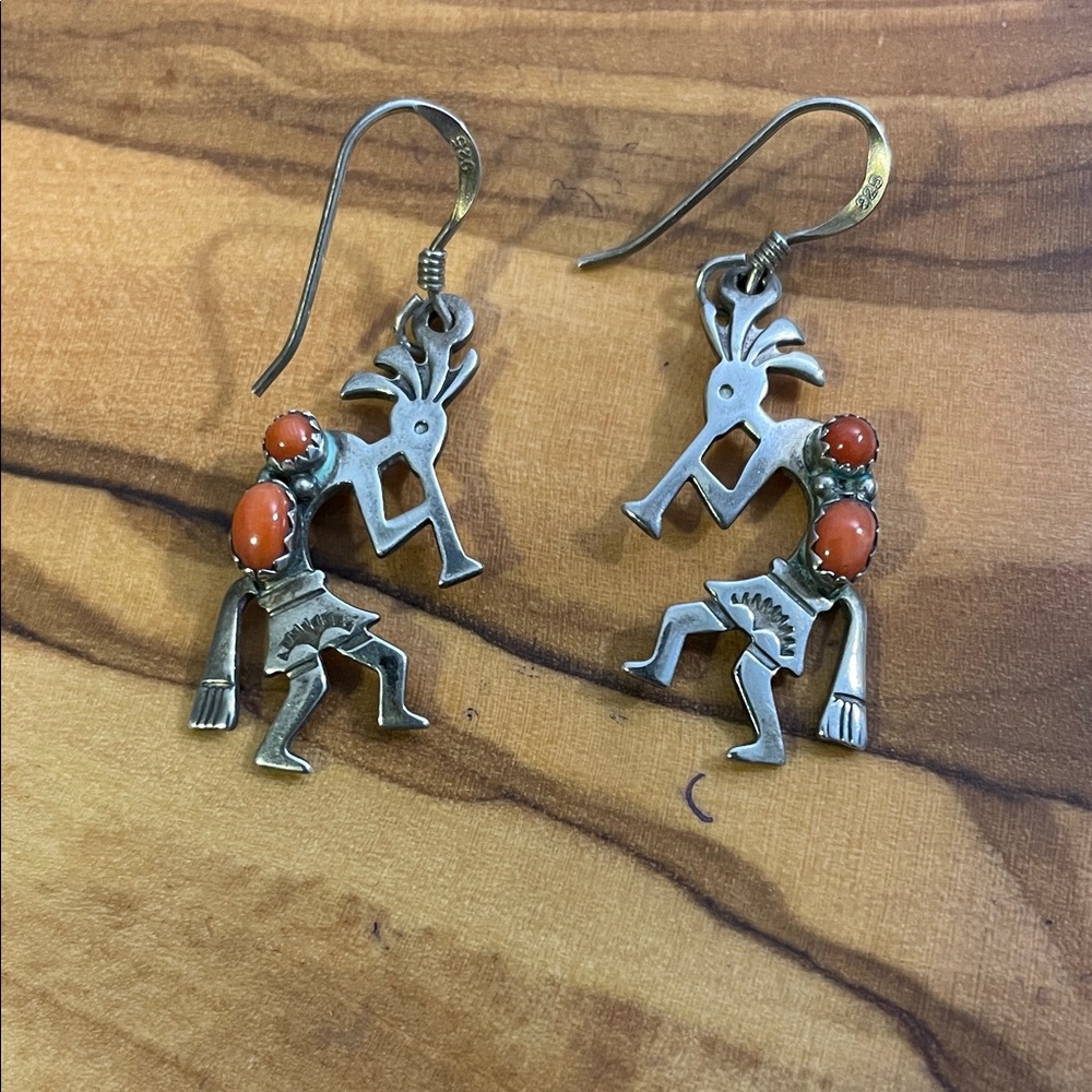 Sterling Silver and Coral Kokopelli Earrings - Picture 4 of 7